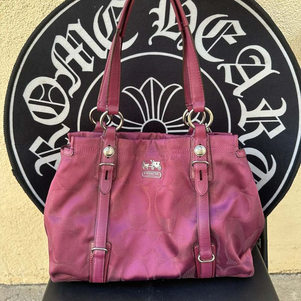 Vintage Coach Signature Metallic Plum Satin Carryall Tote Bag